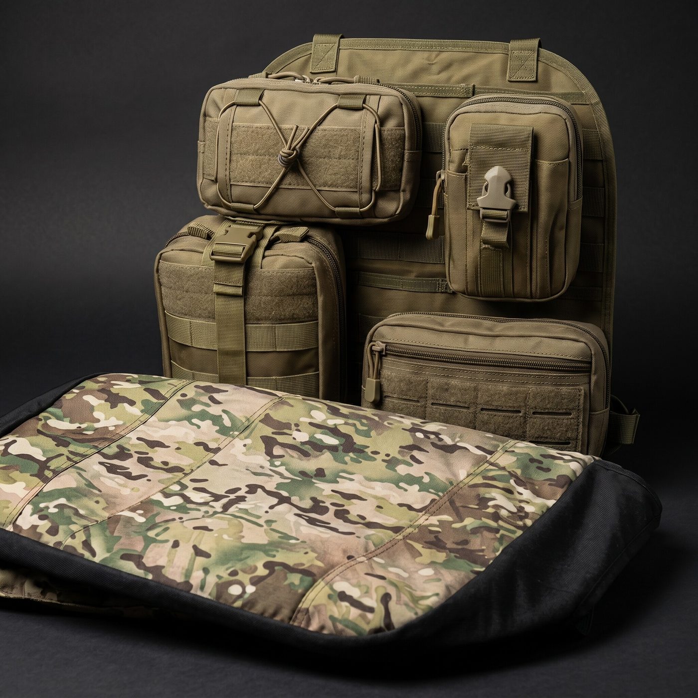 Close detail of the GruntCrate camo fabric and MOLLE pouch stitching